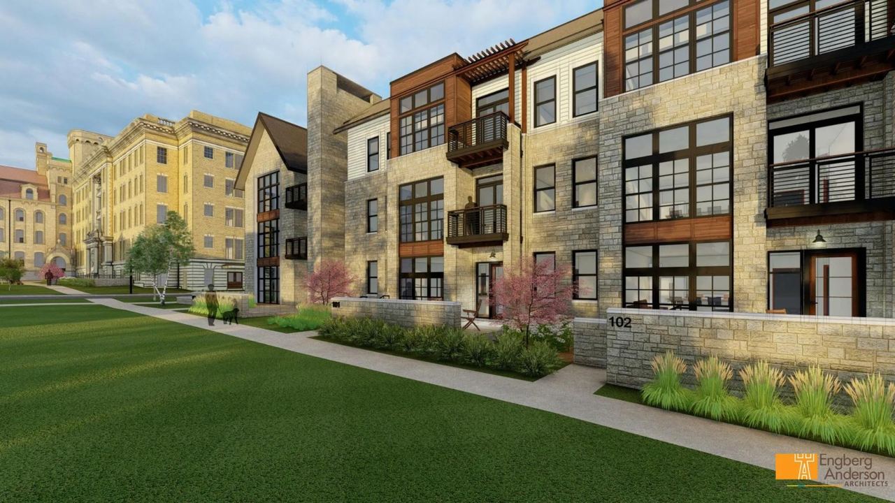 Architectural rendering of Caroline Heights, a four-story stone-and-siding residential building with landscaped courtyard entries